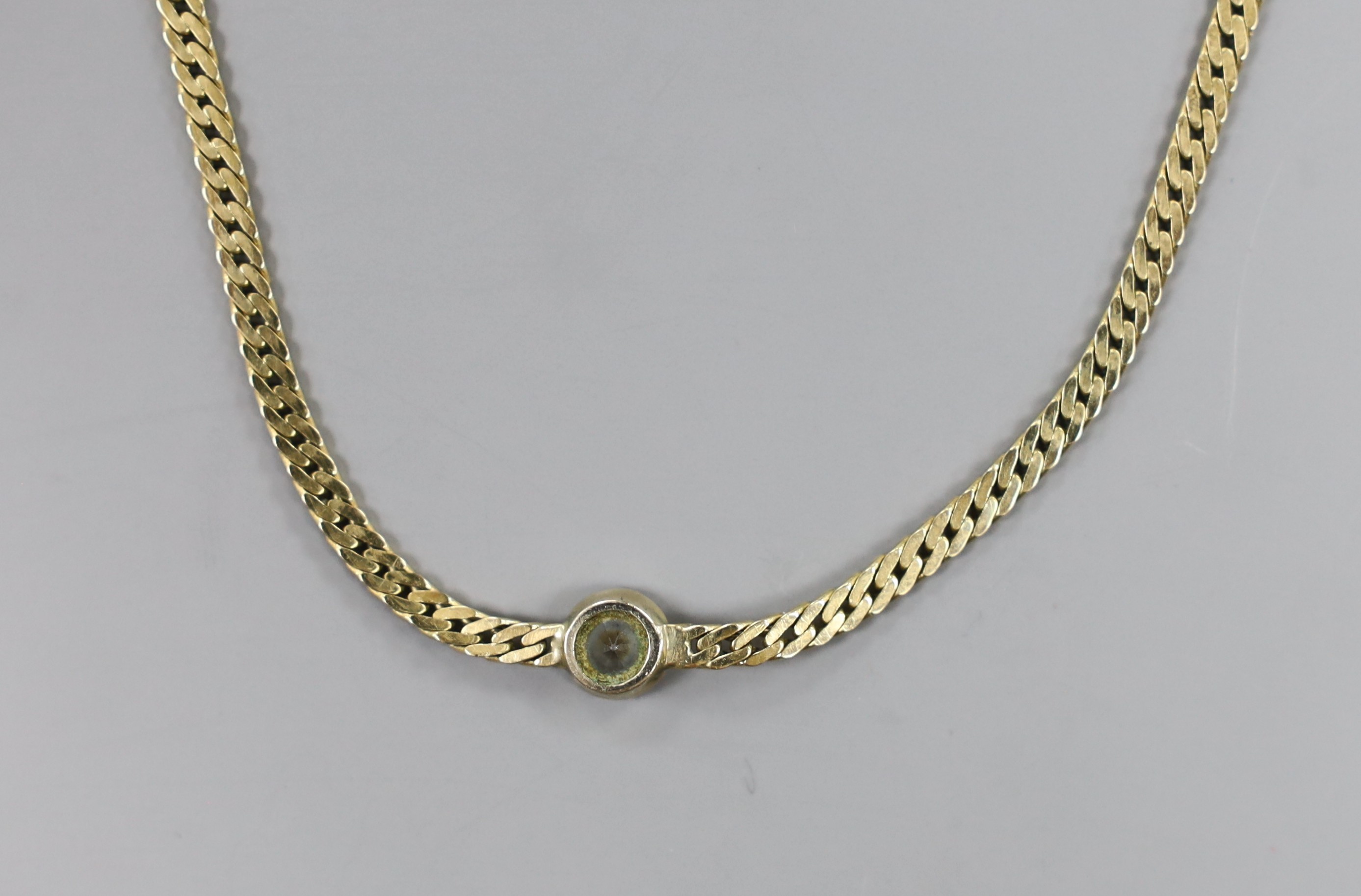 A modern Italian 585 chain, set with simulated diamond, 43cm, gross weight 13.6 grams.